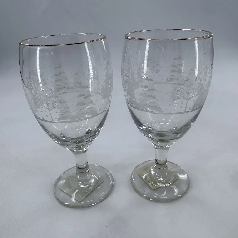 Frosty Pines Libbey Handblown Goblets 7” Winter Wonderland Gold Rim Set of 4 New